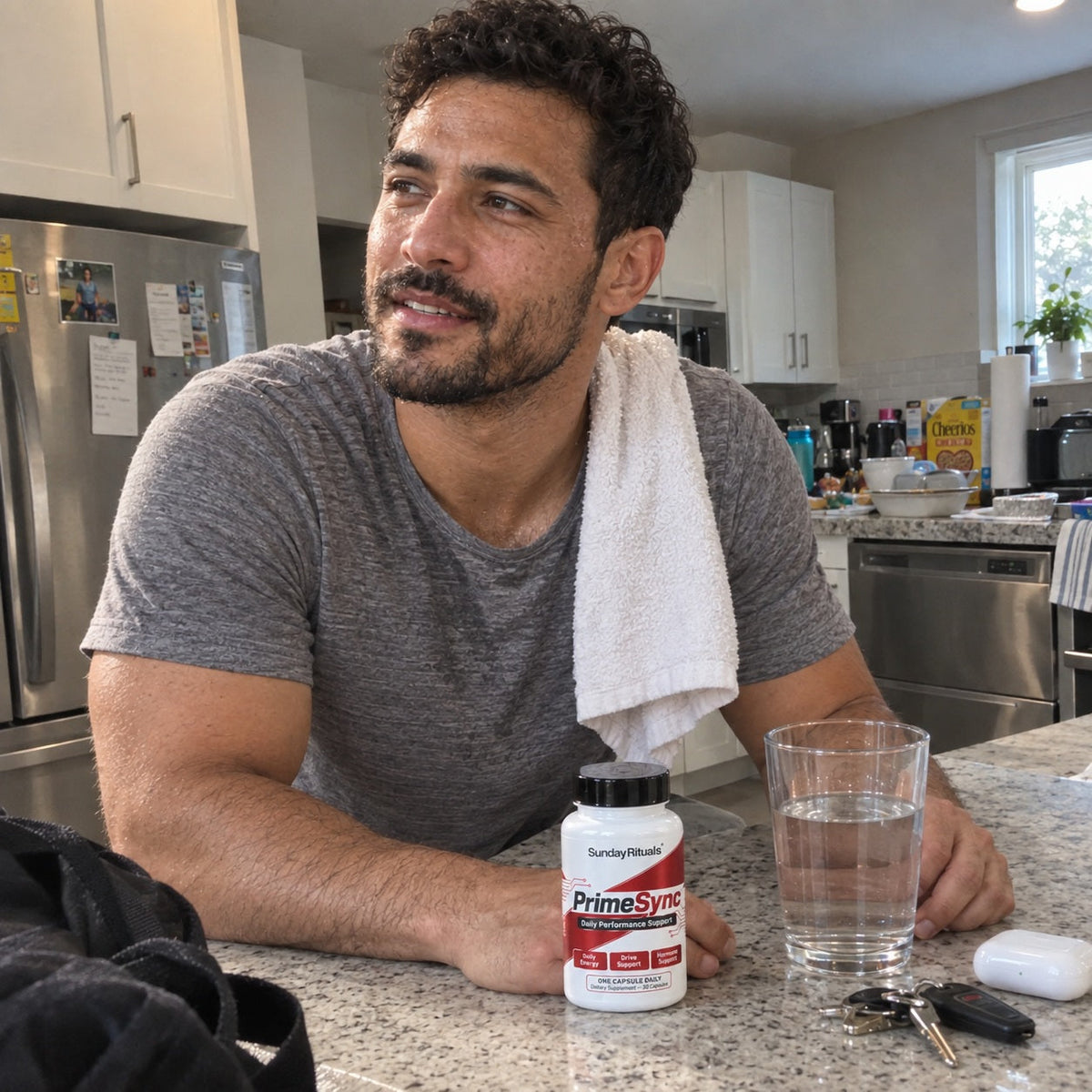 Man in his 30s in his kitchen after a run