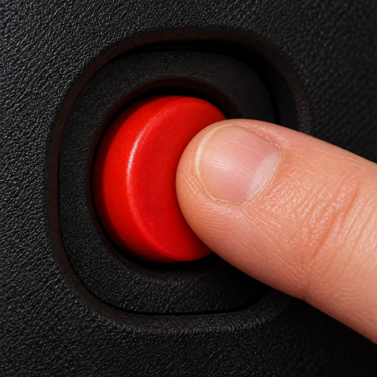 Close-up of a finger pressing a red button.