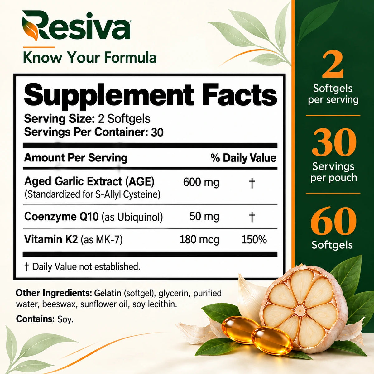 Reference label listing 600 mg aged garlic, 50 mg CoQ10 and 180 mcg vitamin K2