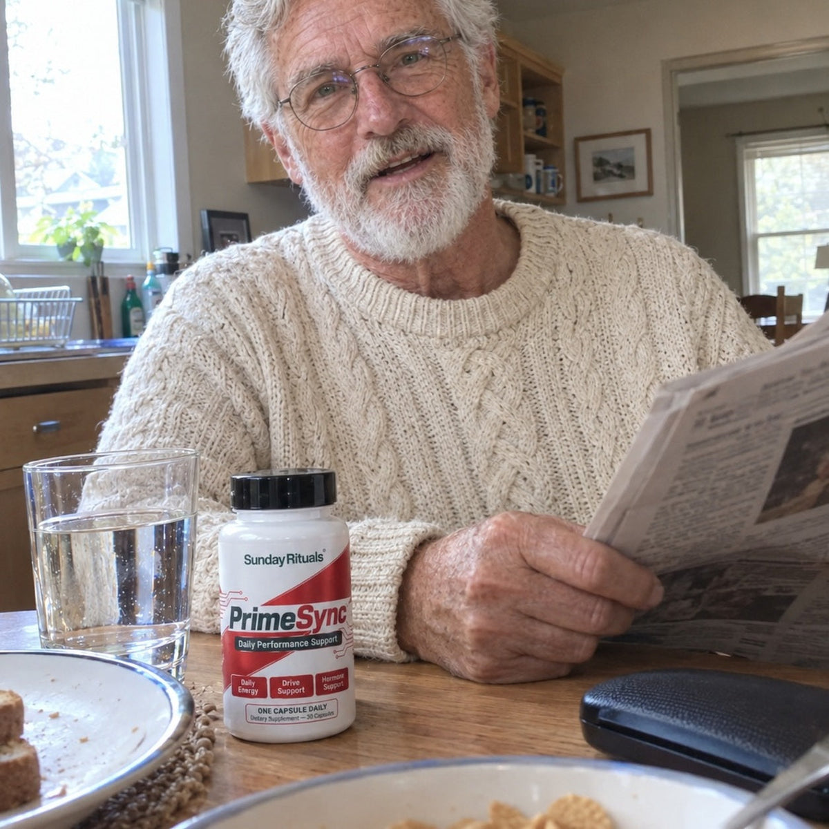 Man in his 60s reading the paper at breakfast