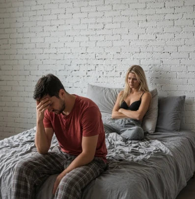 A concerned man sitting at the edge of a bed, with his partner behind him.