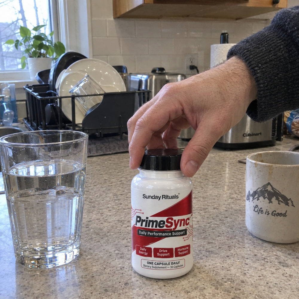 Hand opening PrimeSync bottle in a morning kitchen